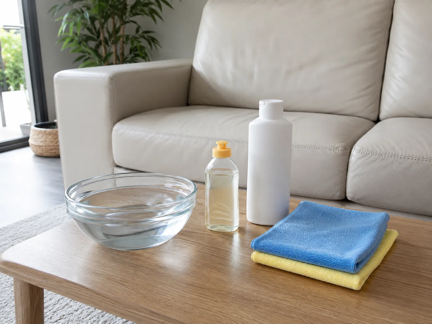 Werkzeug auf einem Holztisch vor einem hellen Kunstleder-Sofa: Glasschale mit Wasser, kleine Flasche mit Babyseife, weiße Flasche mit Reinigungslösung und blaue plus gelbe Mikrofasertücher