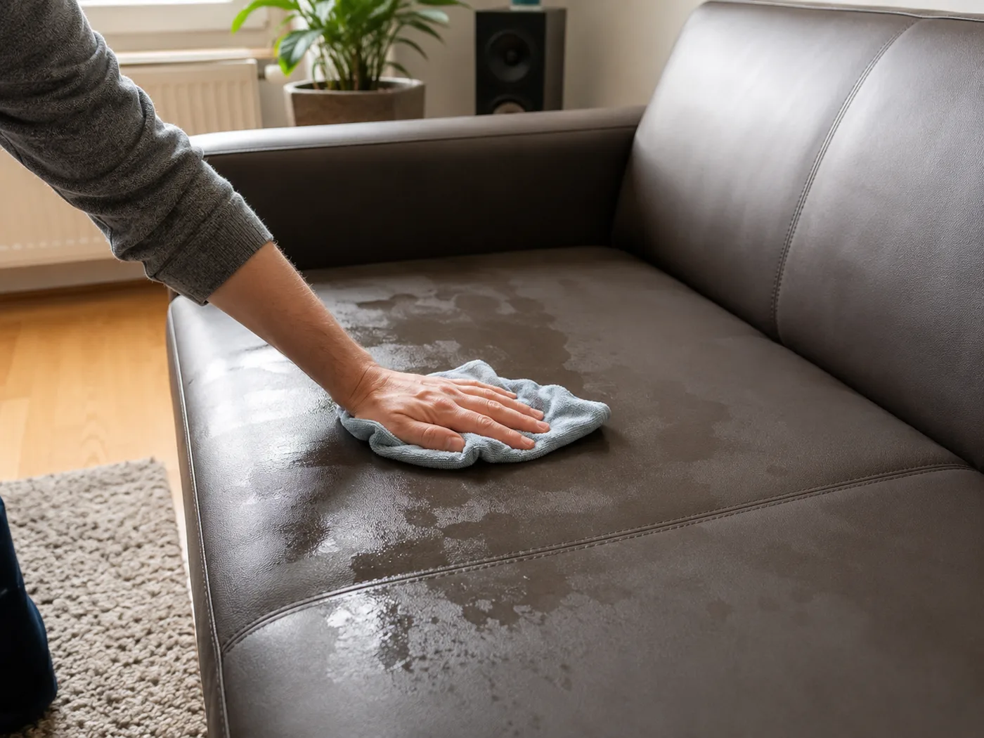 Hand wischt mit nassem hellblauem Tuch über eine deutlich nasse, glänzende Stelle auf einem dunkelgrauen Kunstleder-Sofa — sichtbare Pfütze auf der Sitzfläche