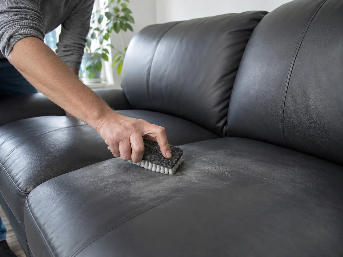 Hand schrubbt mit harter Borstenbürste über die Sitzfläche eines dunklen Kunstleder-Sofas, Tierhaare und Staub auf der Oberfläche