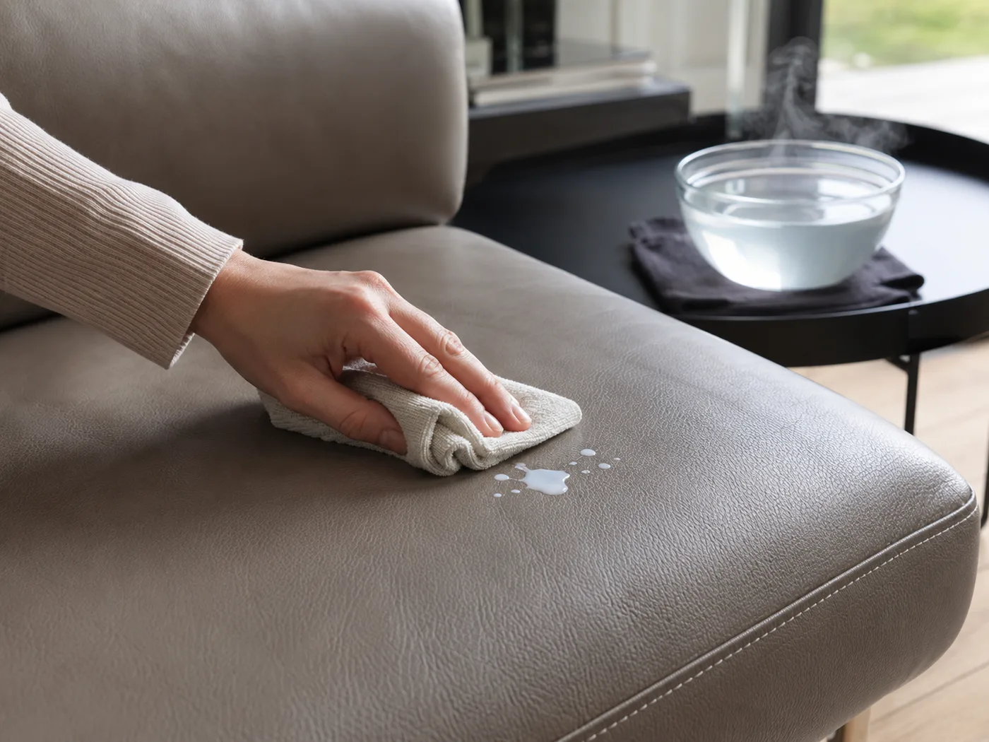 Hand tupft mit weißem Tuch auf einer kleinen frischen blauen Tropfenstelle auf einem grauen Kunstleder-Sofa, Glasschale mit Wasser daneben