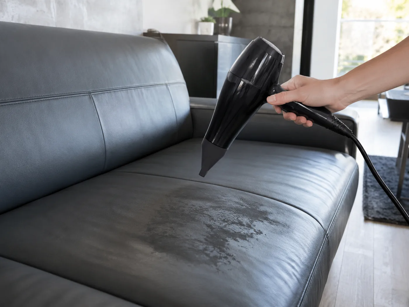 Hand hält einen schwarzen Föhn nah über die nasse Sitzfläche eines dunkelgrauen Kunstleder-Sofas, sichtbar feuchte Stelle auf der Oberfläche