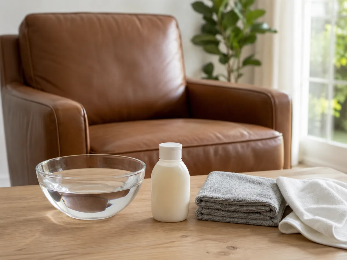 Auf einer Tischplatte vor einem braunen Ledersessel: eine Schale lauwarmes Wasser, eine Flasche Lederpflege-Milch und gefaltete Mikrofasertücher
