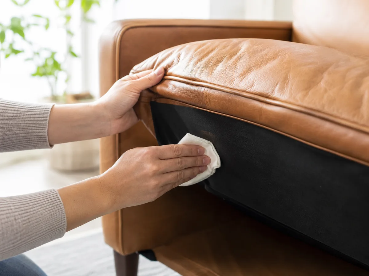 Hände tupfen mit weißem Tuch an die untere Sitz-Ecke eines braunen Ledersofas — Testfläche, die später nicht sichtbar ist
