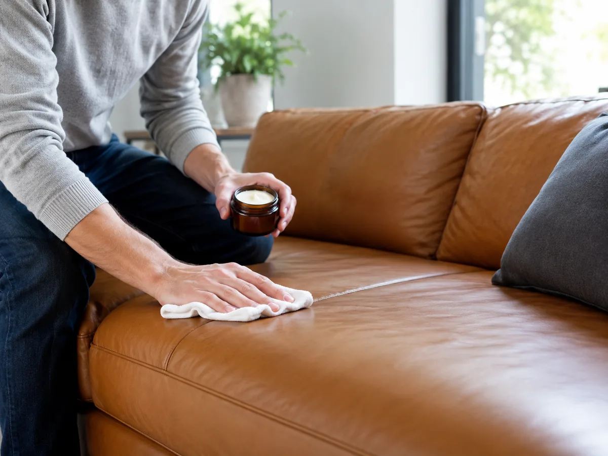 Mann sitzt auf braunem Ledersofa und trägt Lederpflege-Balsam aus einem braunen Glas mit Tuch auf die Sitzfläche auf