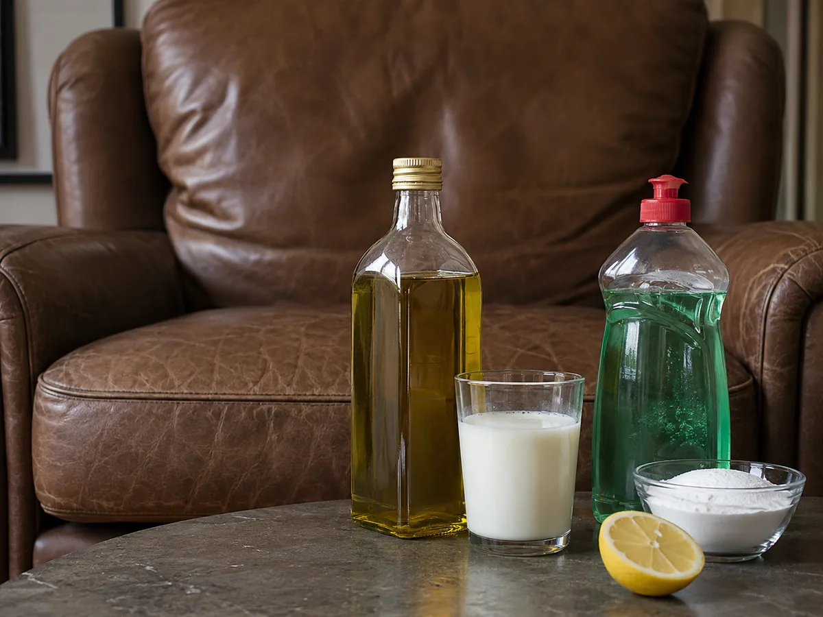 Vor einem braunen Ledersofa stehen Olivenöl-Flasche, ein Glas Milch, eine Spülmittelflasche, Zitrone und eine Schale Salz — populäre Hausmittel im Vergleich
