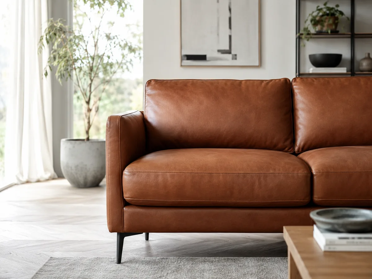 Cognacfarbener Ledersofa in modernem Wohnzimmer nach Reinigung und Pflege — gleichmäßiger Glanz, weiche Falten