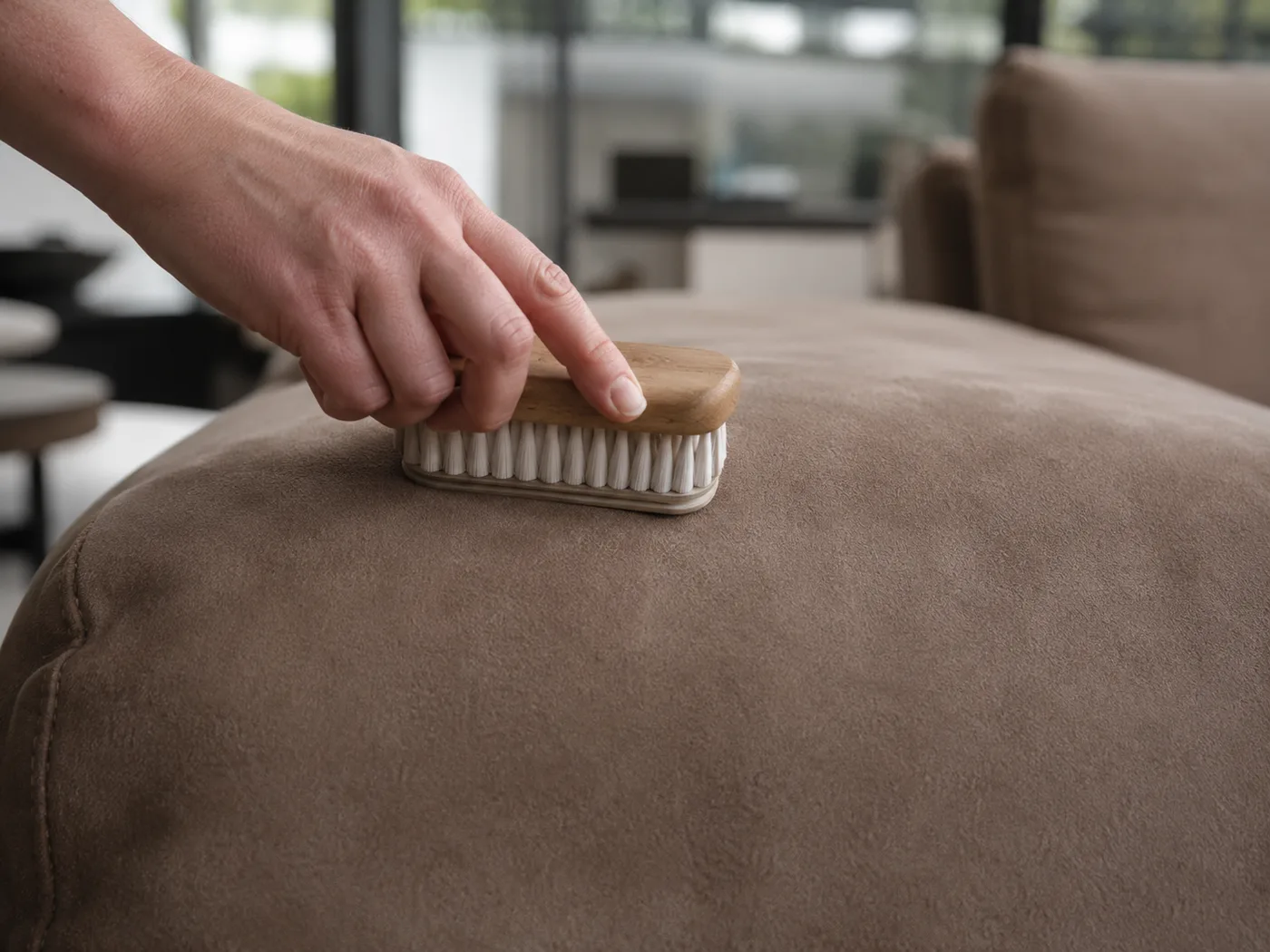Hand führt eine Nubuk-Bürste mit weißen Borsten über die samtige Oberfläche eines hellbraunen Wildleder-Sofas