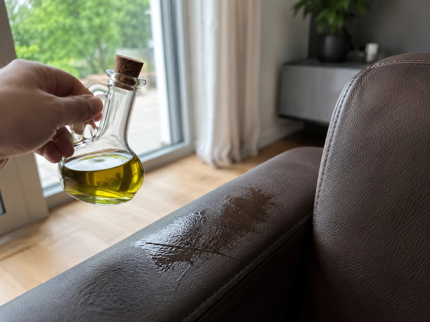 Hand hält eine Glaskaraffe mit Olivenöl über einer dunkelbraunen Sofa-Armlehne, sichtbar fettiger Fleck auf dem Leder