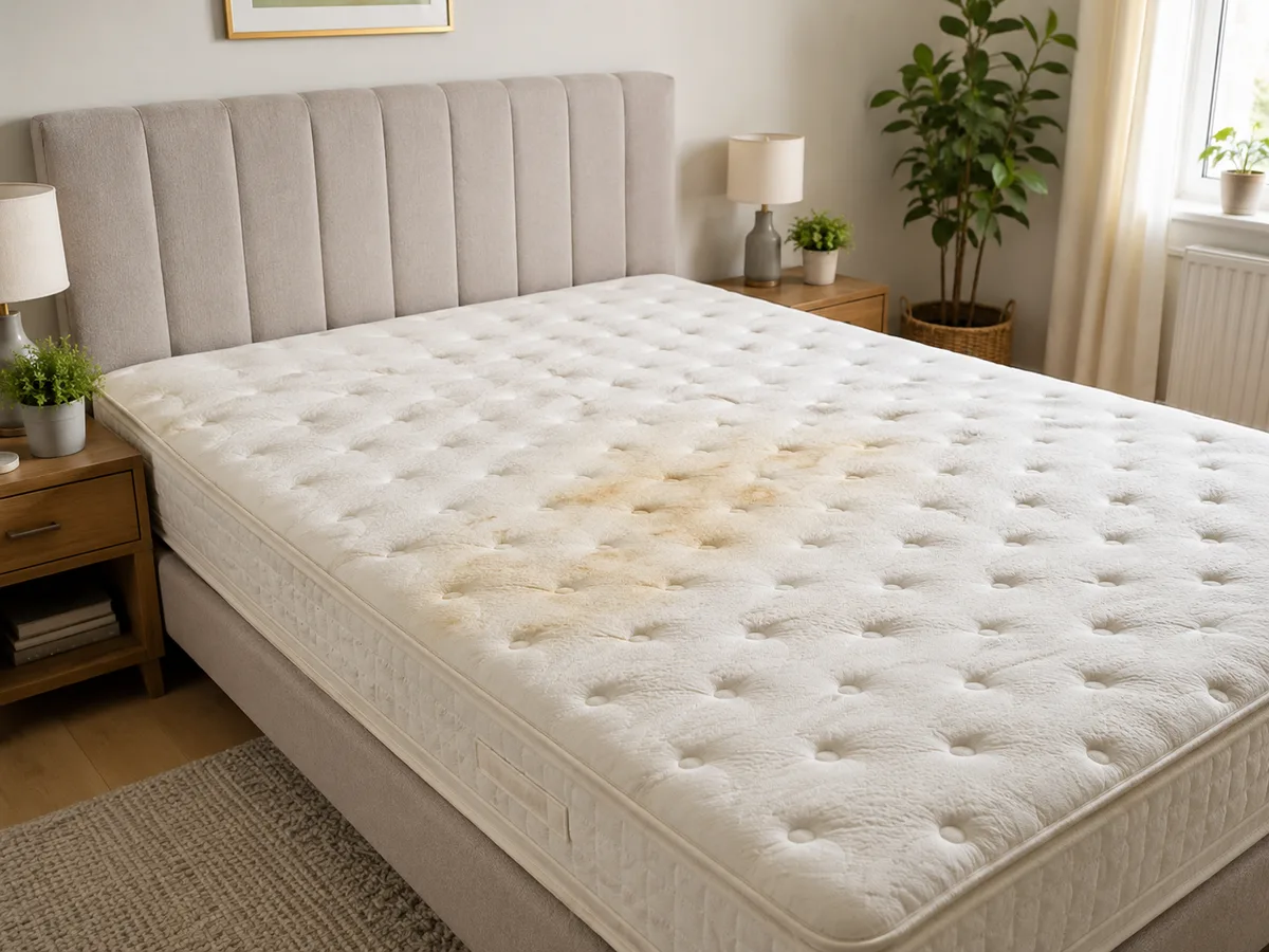 Doppelbett mit Matratze ohne Bezug, sichtbarer großer gelber Schweißfleck in der Mitte