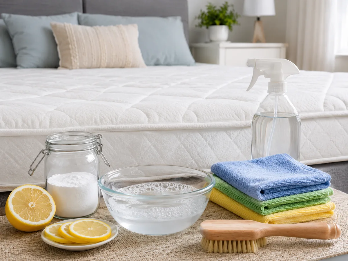 Werkzeug für die Matratzen-Reinigung mit Hausmitteln: Natron im Glas, Zitronen, Wasserschale, Sprühflasche, weiche Bürste und bunte Mikrofasertücher vor einer Matratze