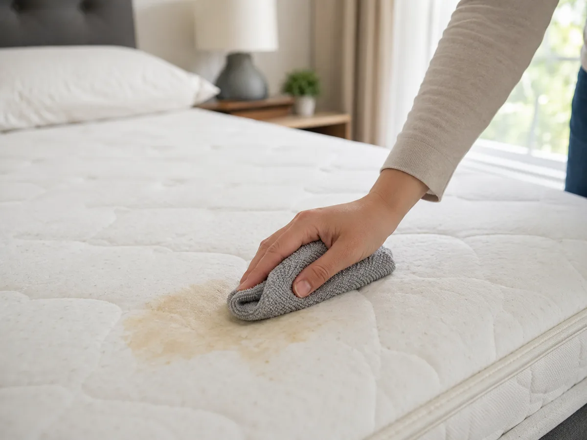 Hand tupft mit grauem Mikrofasertuch auf einen gelben Fleck auf einer hellen Matratze