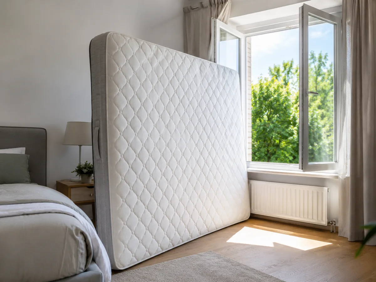 Matratze aufgestellt neben einem offenen Fenster in einem hellen Schlafzimmer — bereit zum vollständigen Durchlüften