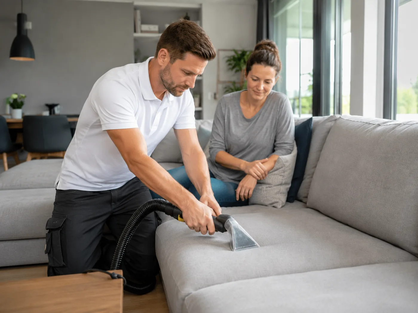 Mann in weißem Polo-Shirt führt eine Reinigungsdüse über die Sitzfläche eines hellgrauen Mikrofaser-Sofas, Kundin schaut zu