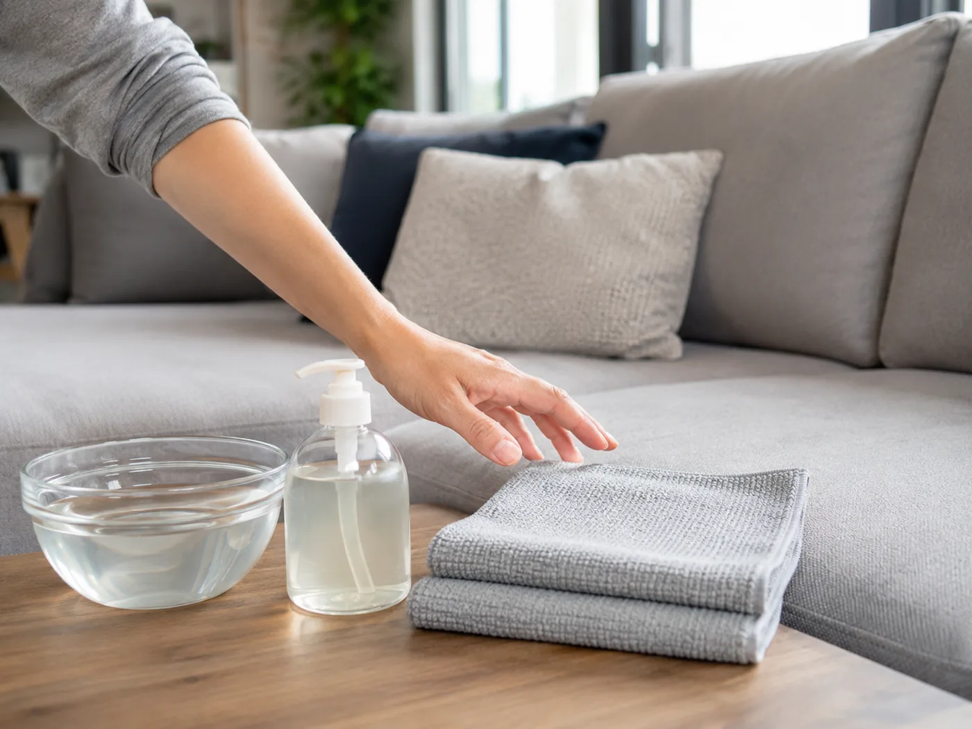 Werkzeug auf einem Holztisch vor einem grauen Mikrofaser-Sofa: Glasschale mit Wasser, Spenderflasche mit milder Reinigungslösung und gefaltete graue Mikrofasertücher