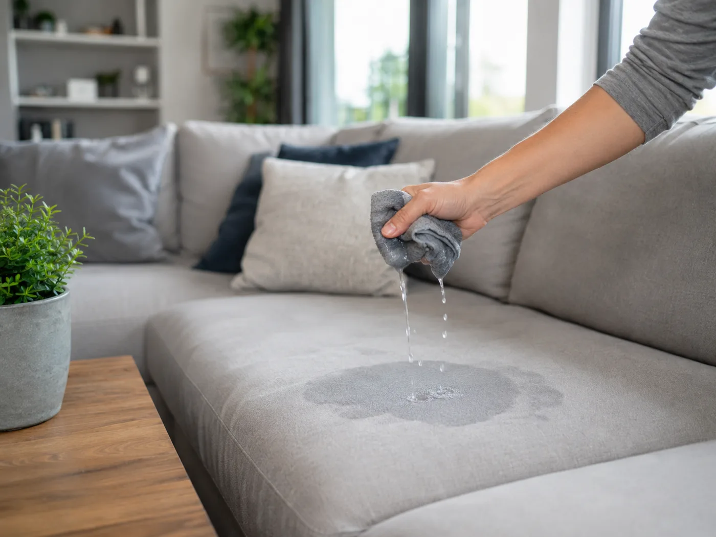 Hand mit tropfendem grauem Tuch über einer deutlich nassen, dunklen Stelle auf einem hellgrauen Mikrofaser-Sofa, kleine Pfütze sichtbar