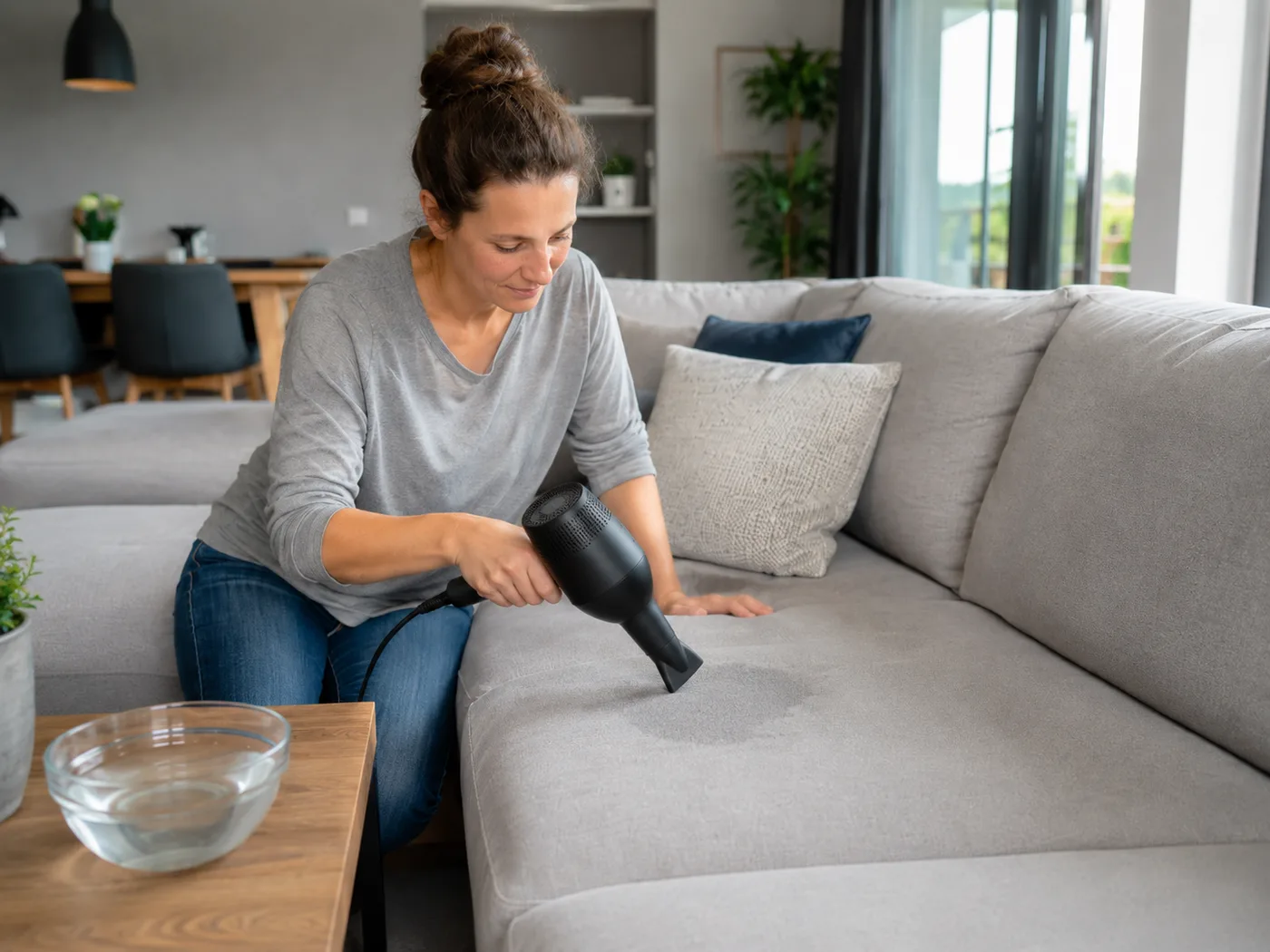 Frau hält einen schwarzen Föhn auf niedrigster Stufe in mittlerem Abstand über eine feuchte Stelle auf einem grauen Mikrofaser-Sofa