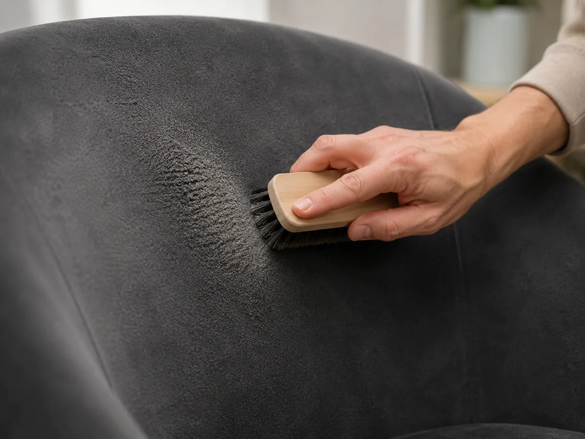 Hand mit Naturborsten-Bürste arbeitet sanft den Flor eines dunkelgrauen Velours-Polsterstuhls in Faserrichtung auf