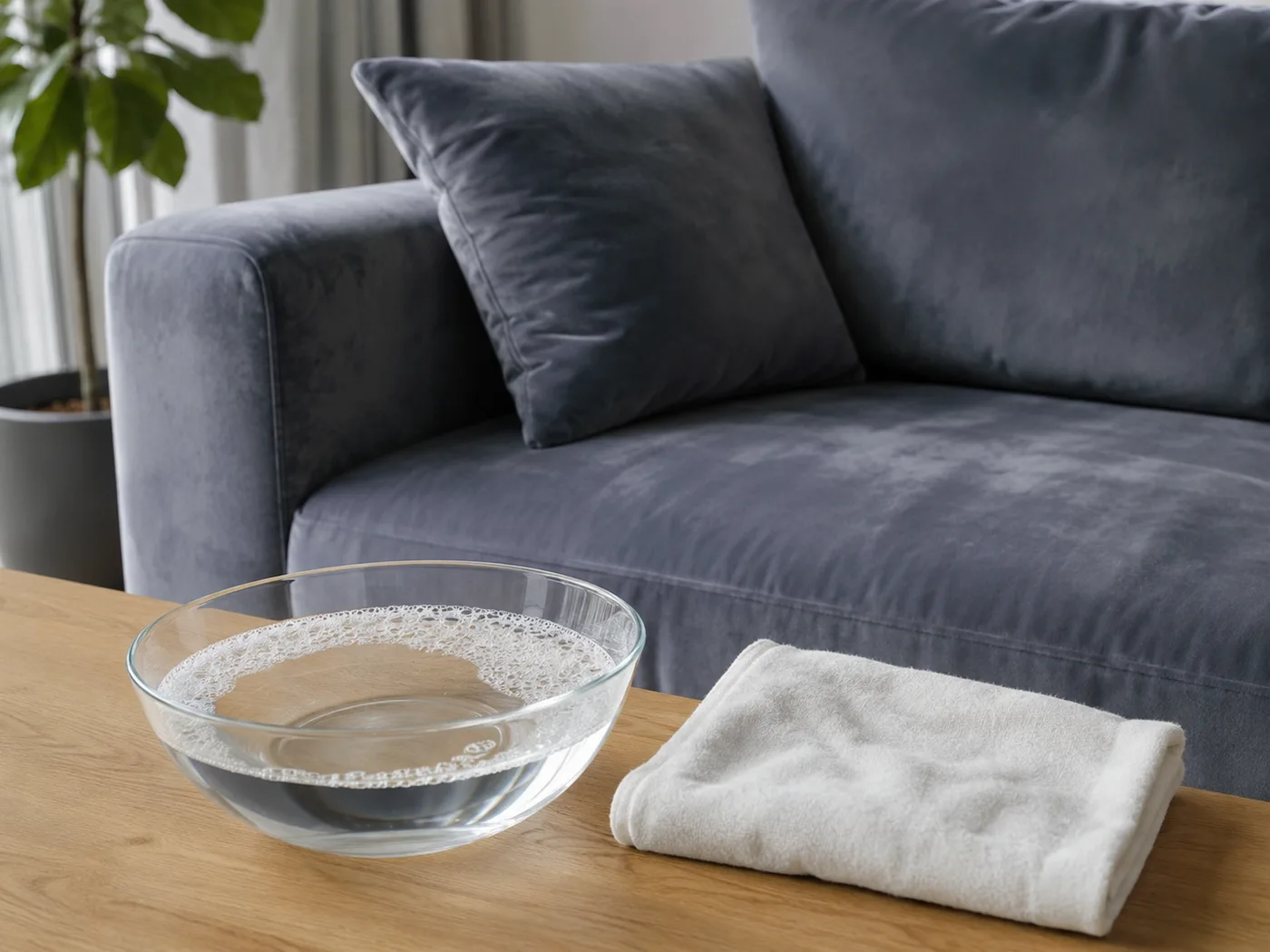 Glasschale mit klarem Wasser und gefaltetes weißes Tuch liegen auf einem Holztisch vor einem dunkelblauen Samt-Sofa