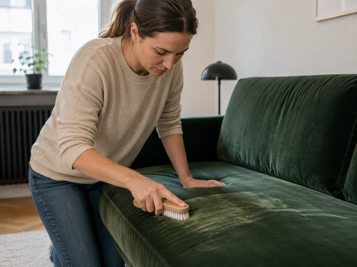 Frau in beigem Pullover führt eine kleine Bürste mit hellen Borsten gleichmäßig über die Sitzfläche eines dunkelgrünen Samt-Sofas