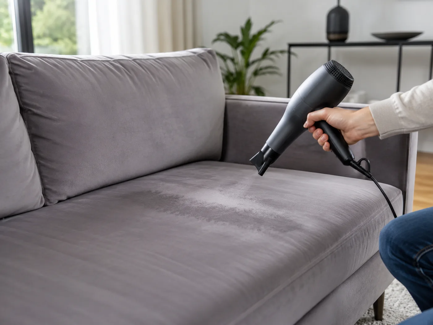Hand hält einen schwarzen Föhn nah über eine deutlich feuchte dunkle Stelle auf einem grauen Samt-Sofa