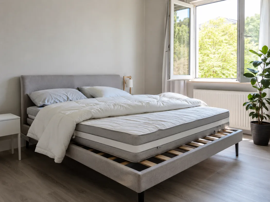 Gepflegte trockene Matratze nach Schimmel-Prävention — aufgestellt zum Lüften neben offenem Fenster im hellen Schlafzimmer