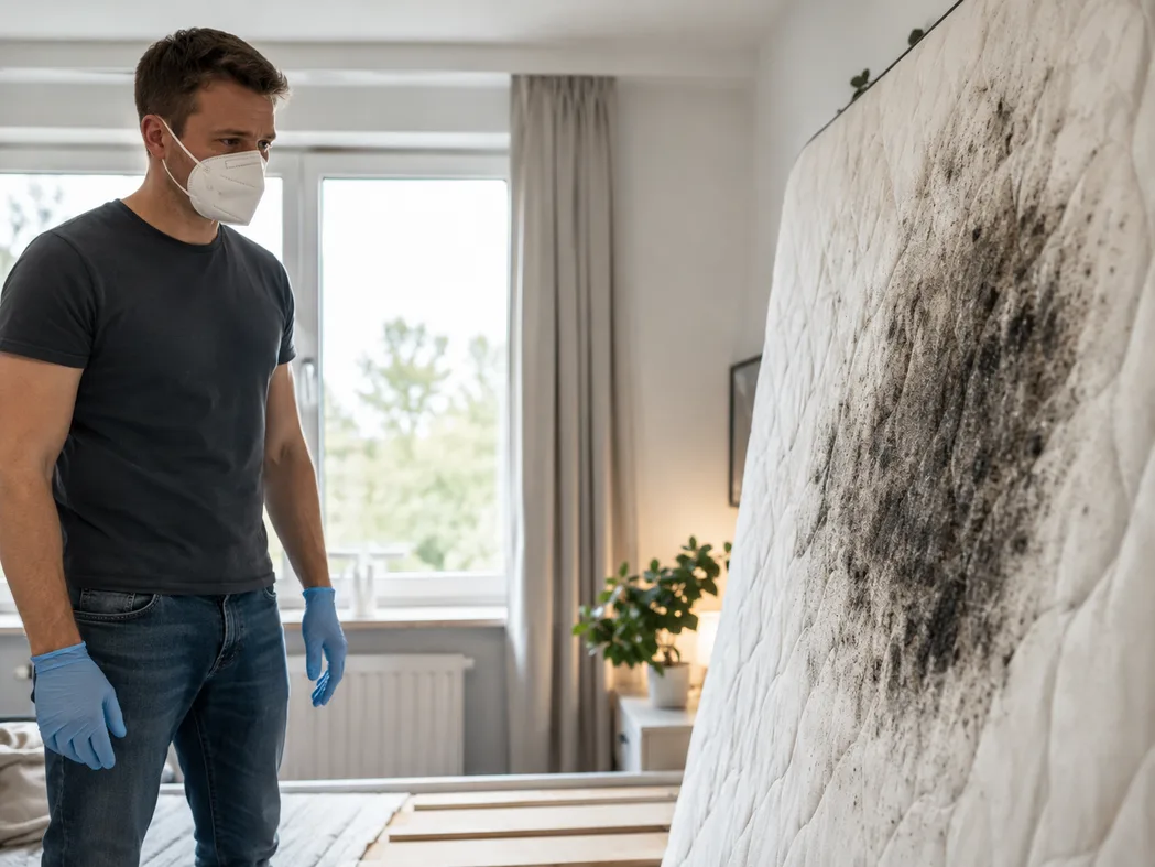DIY-Voraussetzungen bei Schimmel — handflächengroßer Stockflecken-Befall, FFP2-Maske und Nitril-Handschuhe als Schutzausrüstung daneben