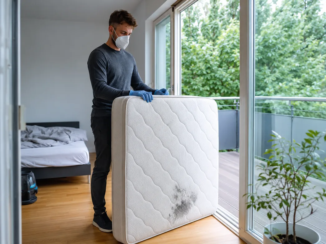 DIY-Schimmel-Behandlung in der Sonne — Matratze steht im Freien aufgestellt zum Trocknen, Sprühflasche mit Isopropanol und Tücher bereit