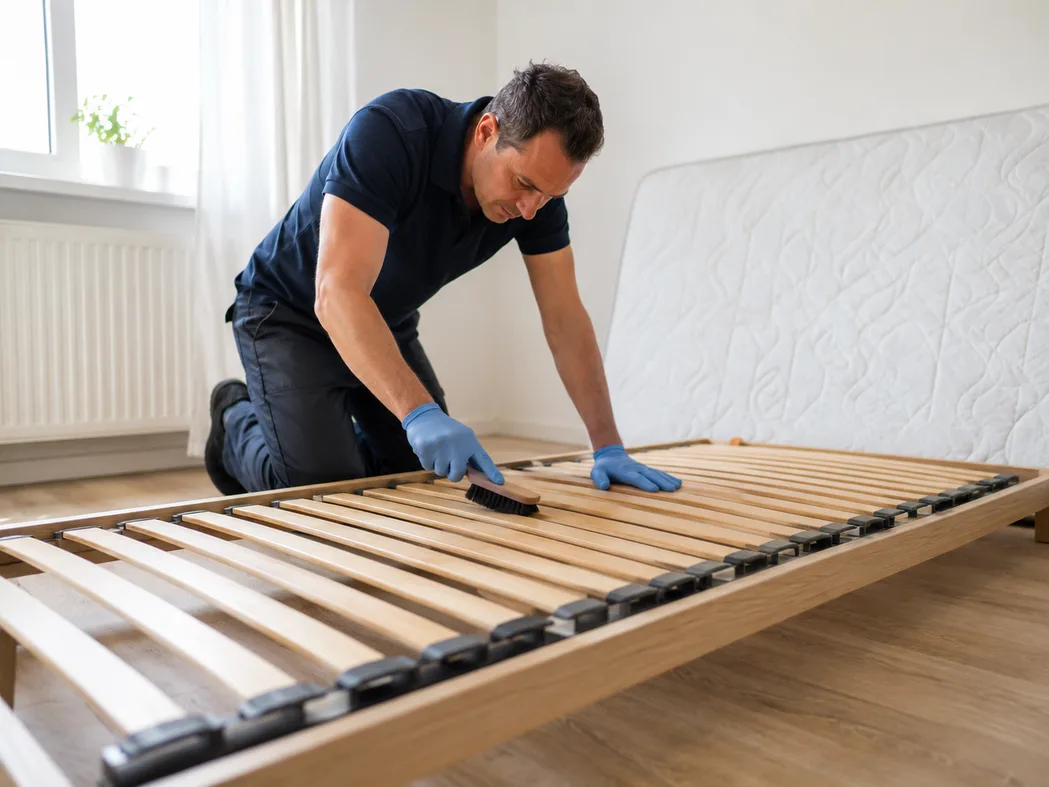 Professionelle Matratzenreinigung bei Stockflecken — schonende Reinigung mit pH-neutralen pflanzlichen Mitteln, Reinigungsdüse arbeitet befallene Stelle ab