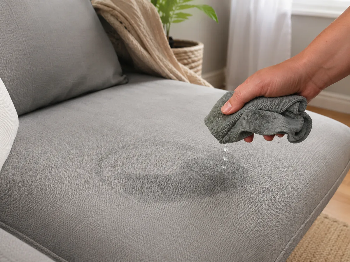 Hand wringt grauen Lappen über einer Sitzfläche eines grauen Sofas aus, Wasser tropft heraus und auf dem Sofa entsteht ein sichtbarer Wasserring