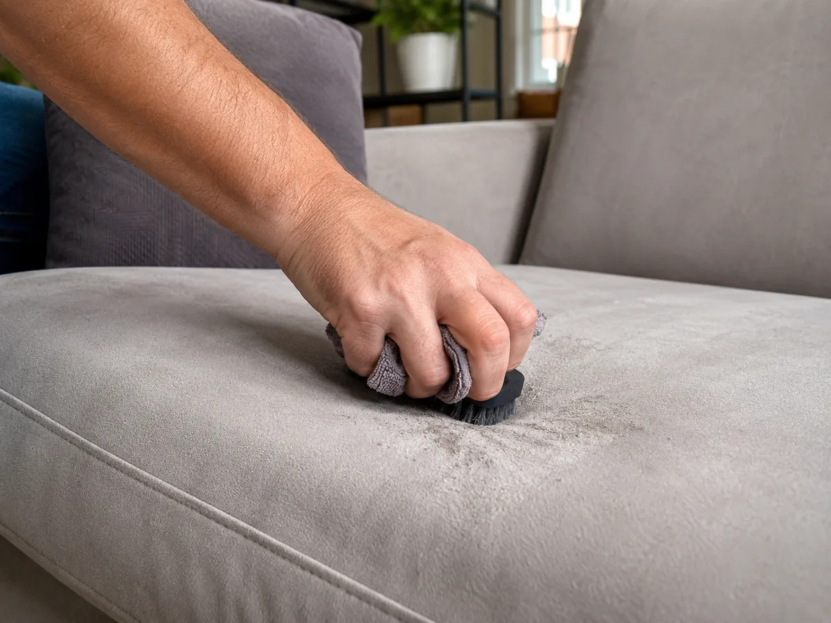 Hand mit Bürste arbeitet feines weißes Natron-Pulver in die Sitzfläche eines hellgrauen Stoffsofas ein