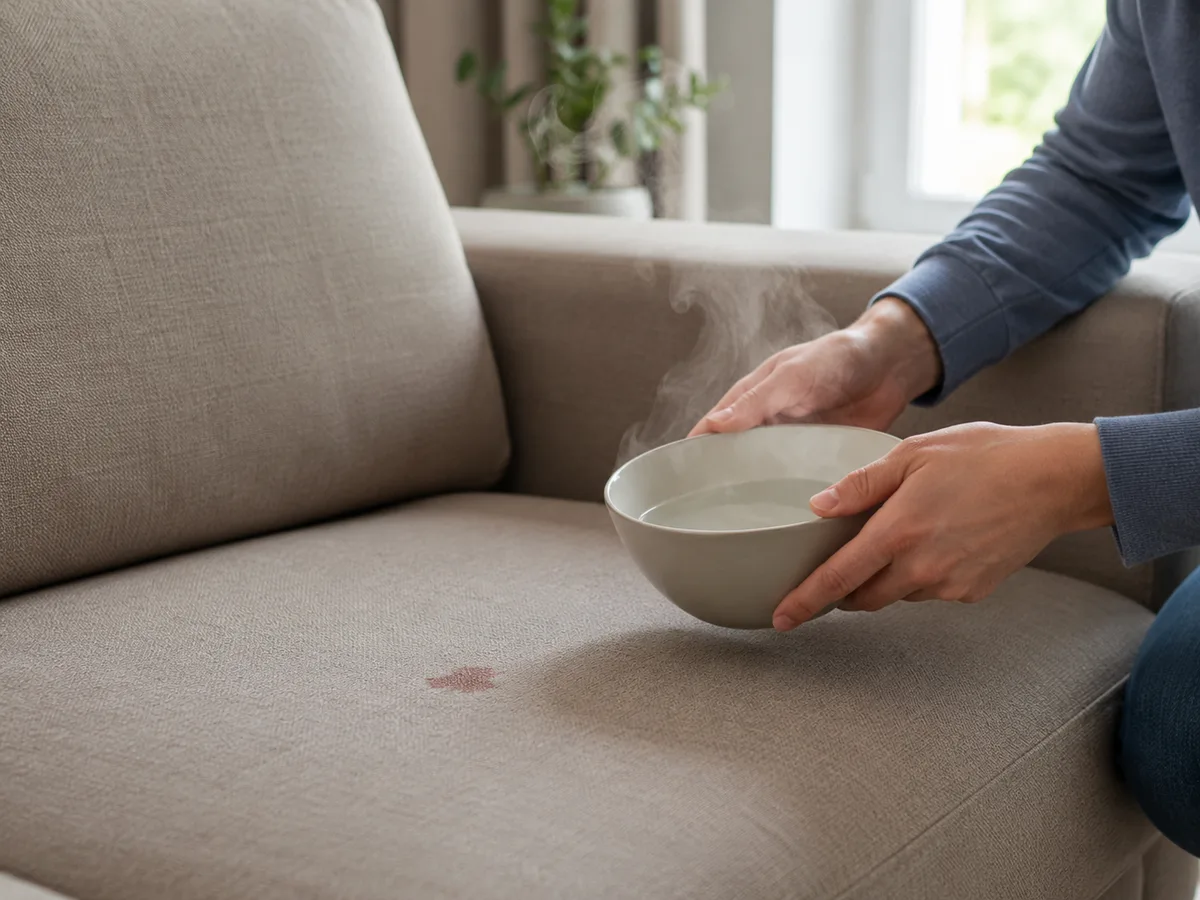 Hände halten eine Schale mit dampfendem heißem Wasser über einen alten Rotweinfleck auf einem beigen Stoffsofa