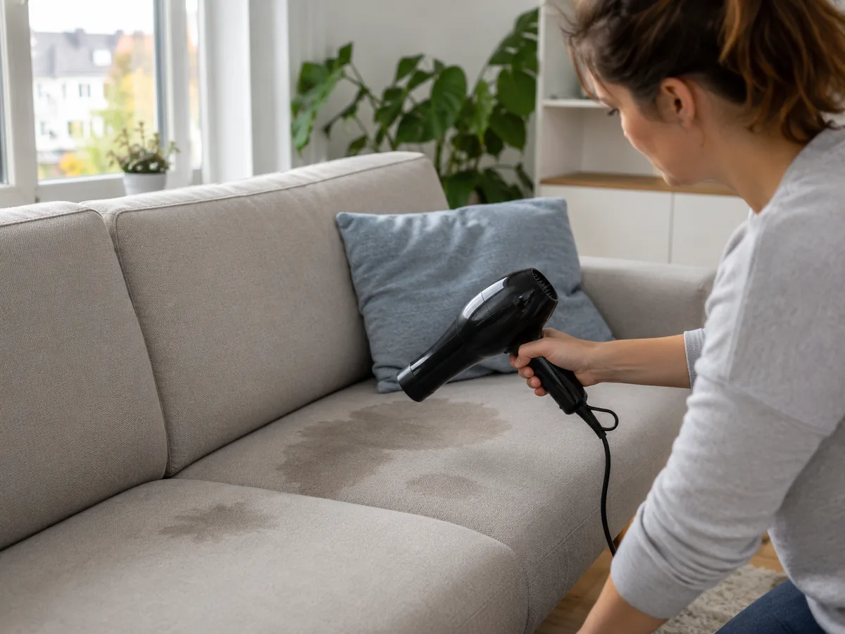 Frau hält einen schwarzen Föhn dicht über eine deutlich nasse Stelle auf einem hellen Stoffsofa und versucht, die Stelle schnell zu trocknen