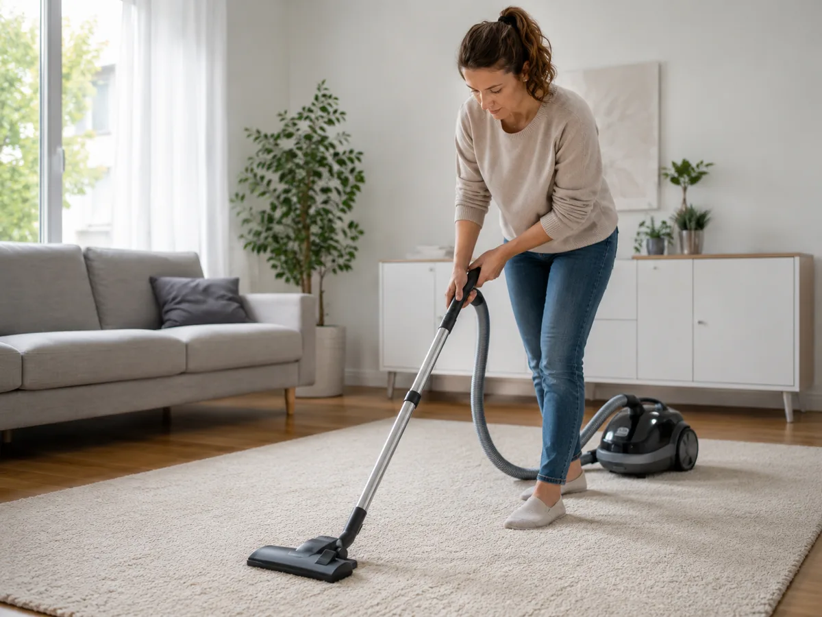 Frau im hellen Pullover staubsaugt einen beigen Teppich in einem hellen Wohnzimmer mit einem Bodenstaubsauger