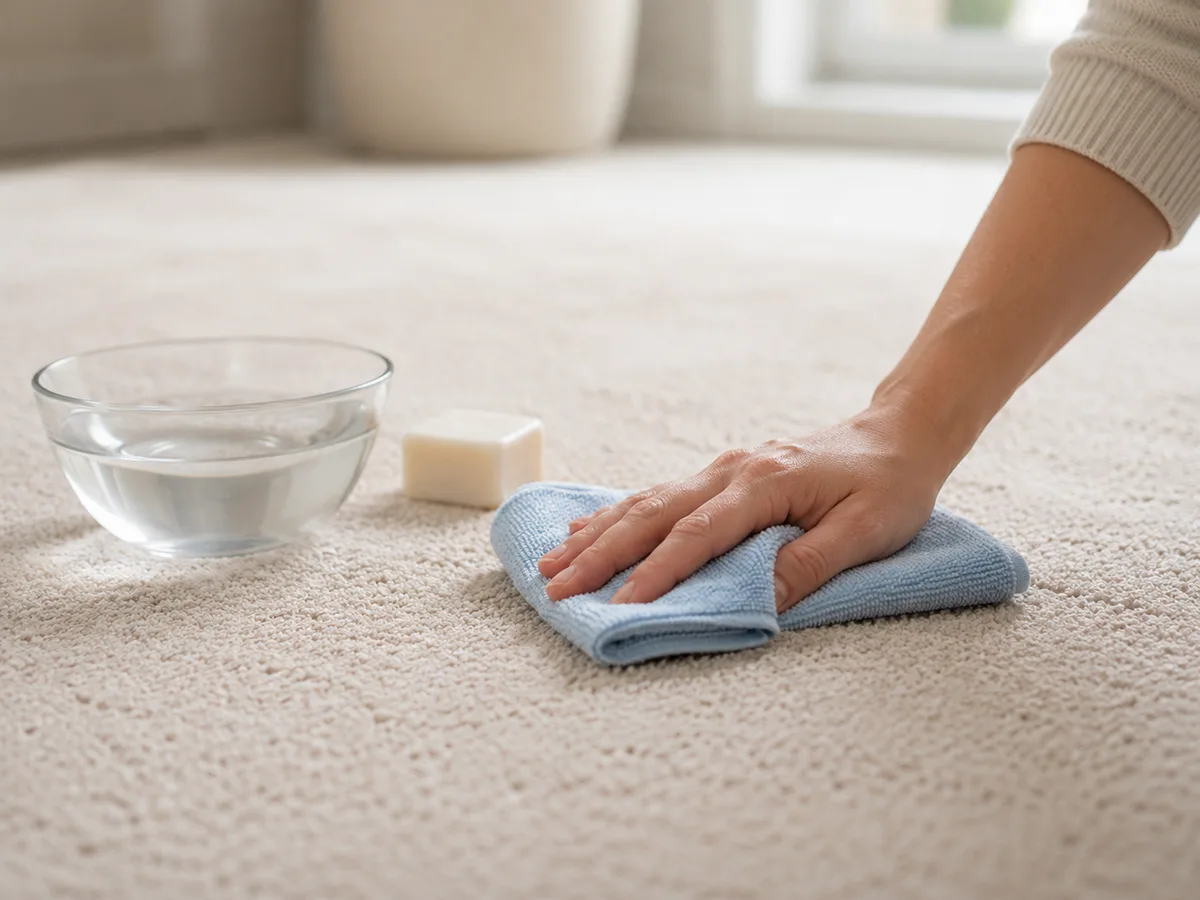 Hand tupft mit hellblauem Mikrofasertuch über einen kleinen Fleck auf hellem Teppich, daneben Glasschale und ein Stück Gallseife