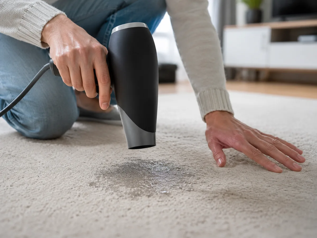 Mann mit schwarzem Föhn versucht, einen feuchten dunklen Fleck auf einem hellen Teppich schnell zu trocknen, andere Hand schützend daneben