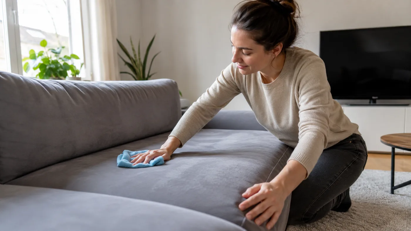 Frau wischt mit hellblauem Mikrofasertuch sanft die Lehne eines dunkelgrauen Velours-Sofas in einem hellen Wohnzimmer