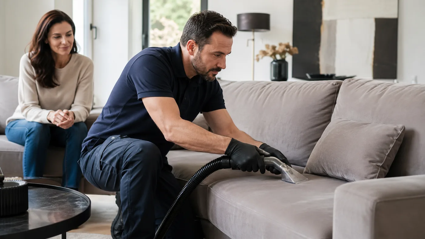 Mann in dunkelblauem Polo-Shirt mit schwarzen Handschuhen reinigt mit Reinigungsdüse die Sitzfläche eines grauen Velours-Sofas, Kundin schaut zu