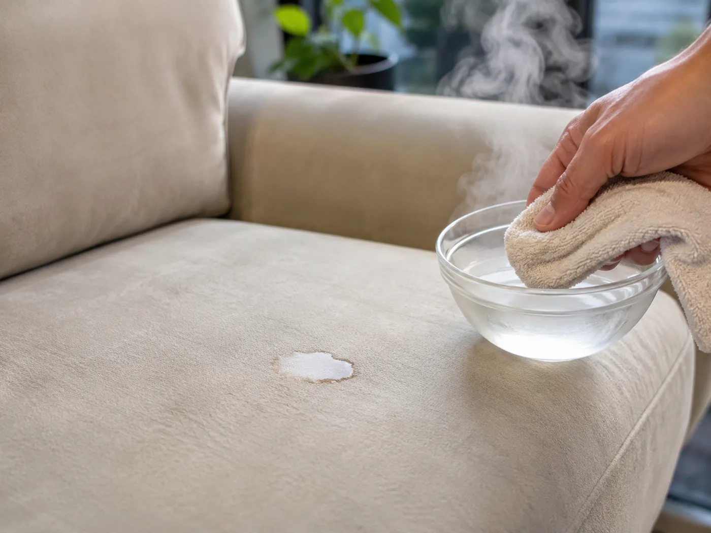 Hand hält über einer beigen Velours-Sitzfläche eine Glasschale mit Reinigungsschaum, ein weißer Schaumklecks liegt auf dem Stoff