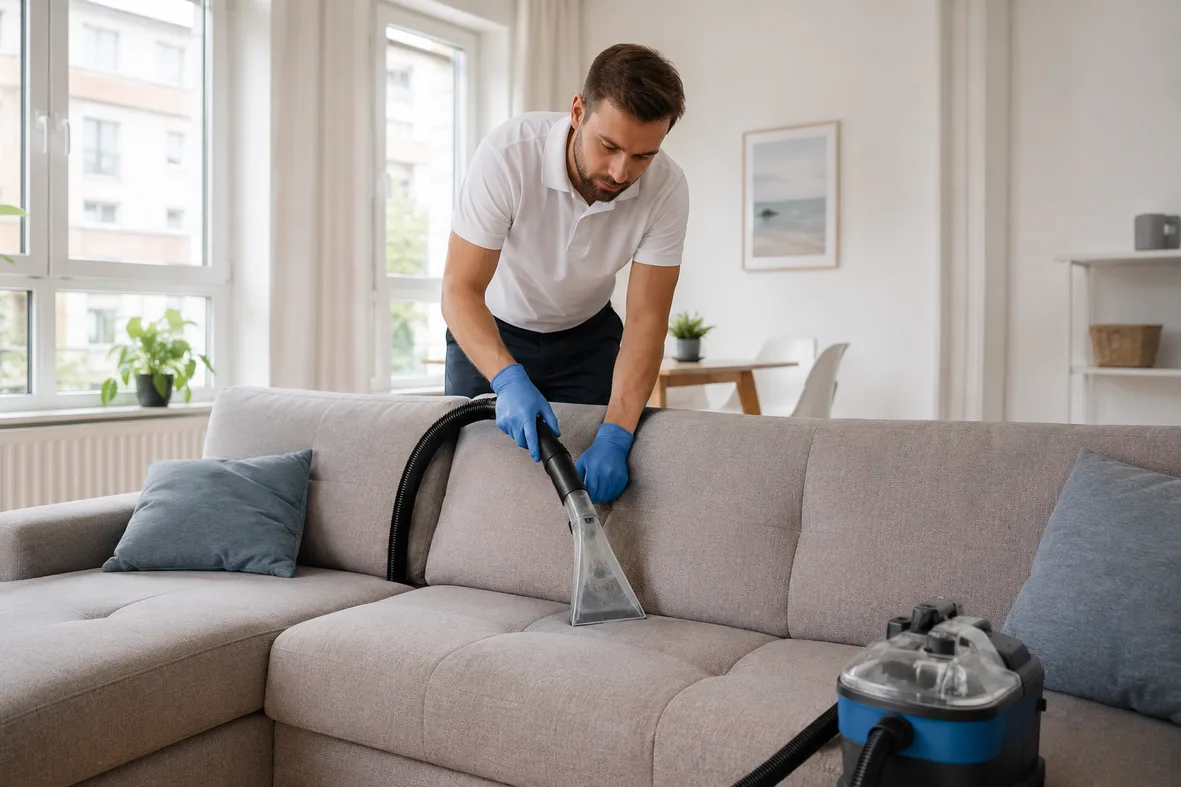 Polsterreinigung als hygienische Nachbehandlung nach Bettwanzen-Bekämpfung — Sofa wird mit pflanzlichen Tensiden gereinigt nach abgeschlossener Behandlung