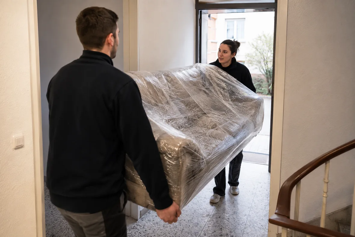 Bettwanzen-befallenes Sofa entsorgen — Möbel dicht in Plastikfolie eingewickelt und gekennzeichnet mit Warnhinweis vor dem Hinaustragen