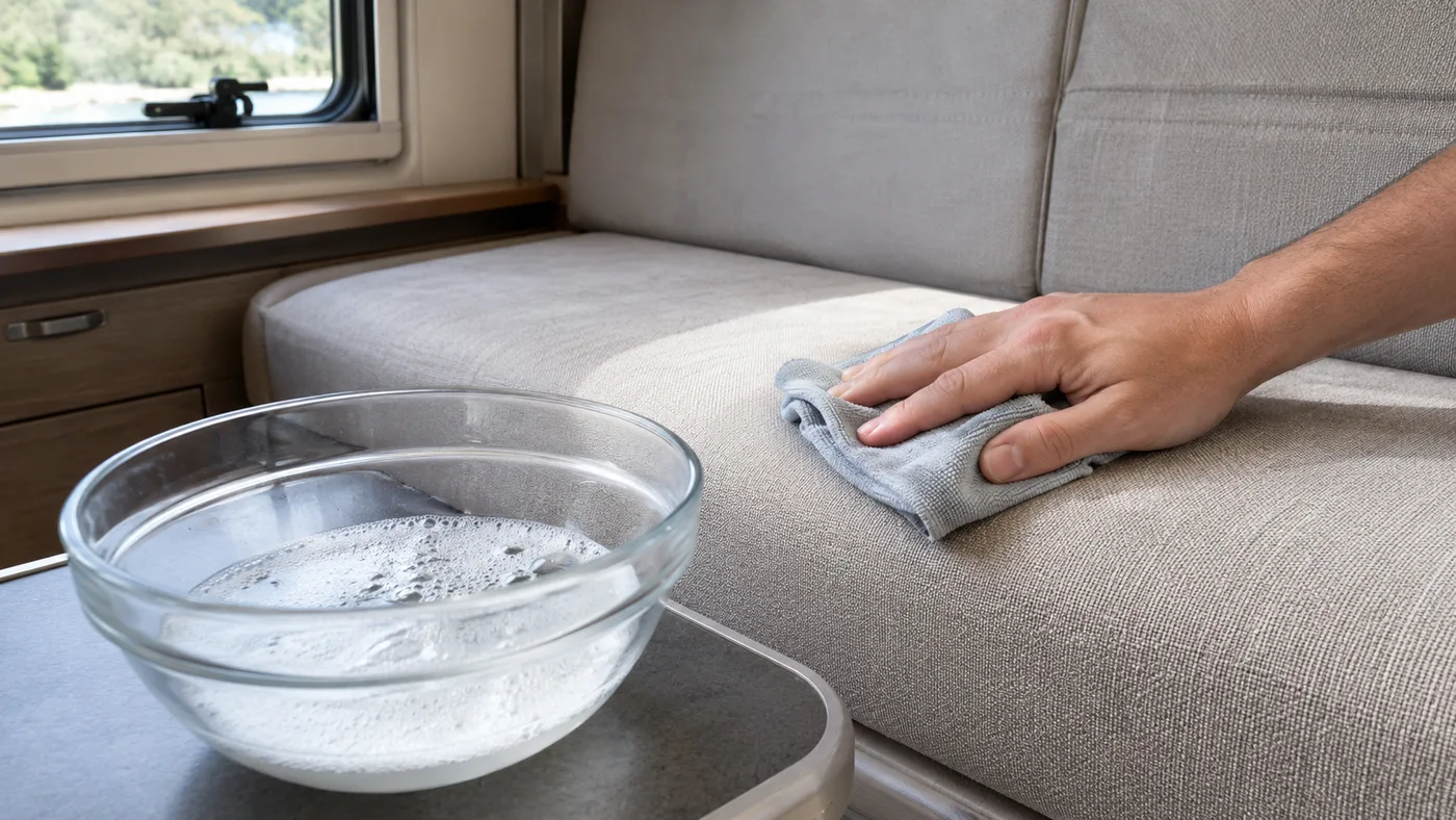 Auf einer Caravan-Arbeitsfläche: Glasschale mit Seifenschaum, daneben Hand mit grauem Mikrofasertuch über beigem Sitzpolster