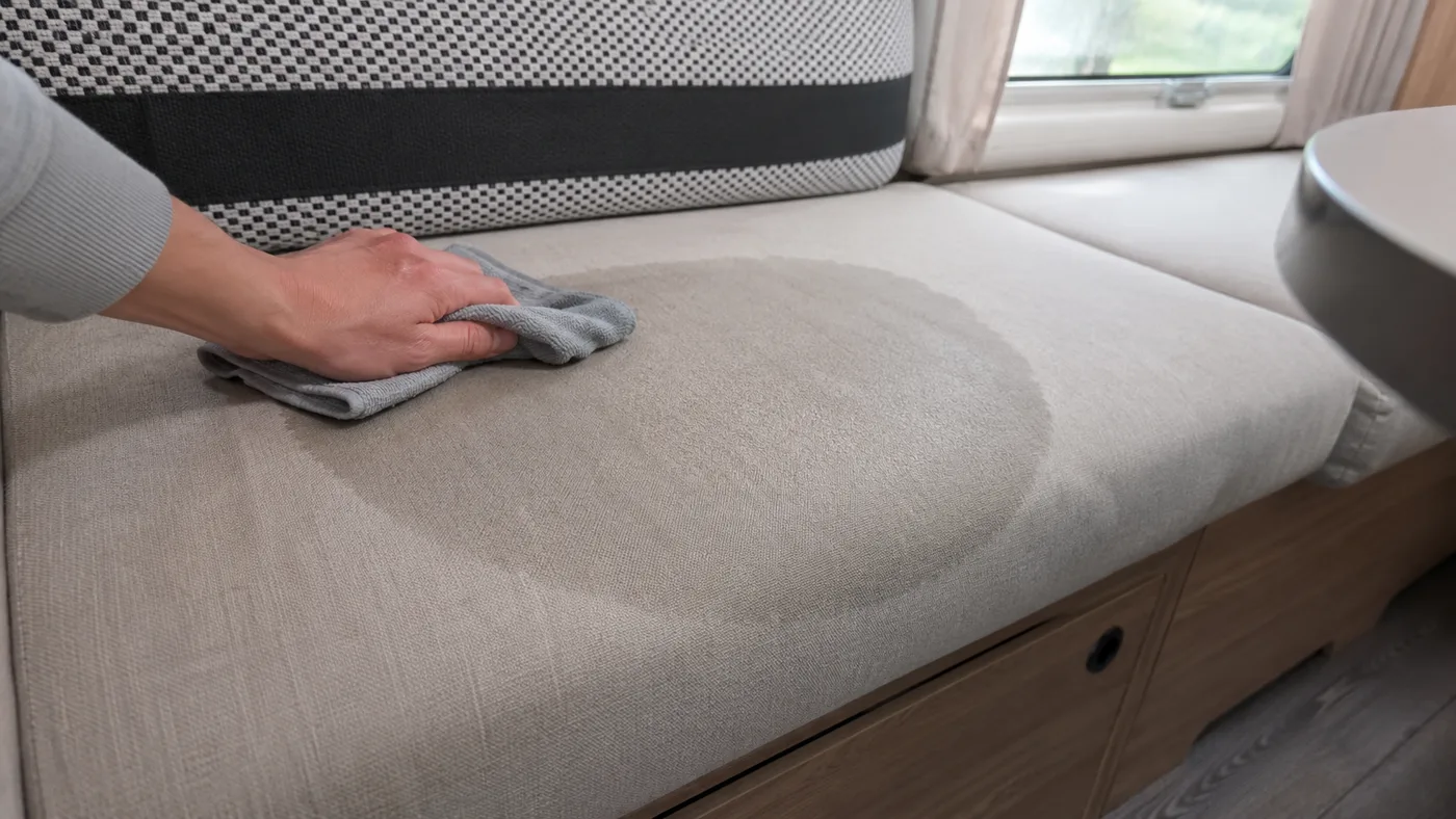 Hand mit grauem Tuch über einer beigen Wohnwagen-Sitzfläche, auf der ein deutlich sichtbarer feuchter Wasserring entstanden ist